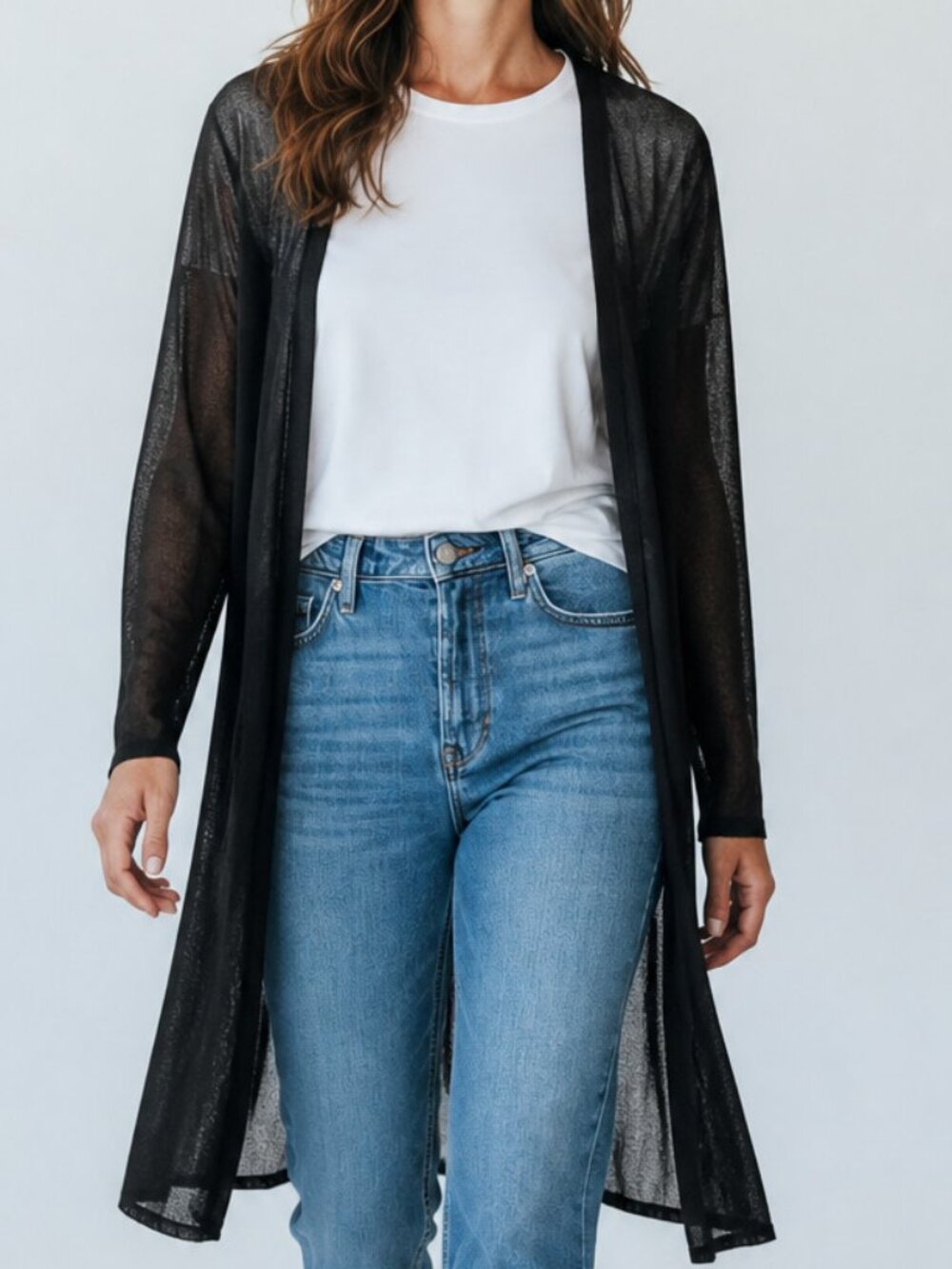 Eileen Fisher XL Black Crepe Cardigan Thigh-Length Super Sheer/Open Front